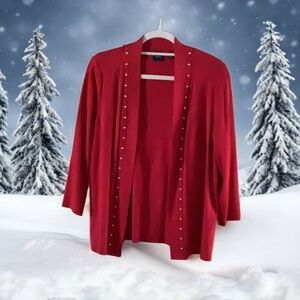 cardigan red by Rafaella open w-silver beads down the front medium petite